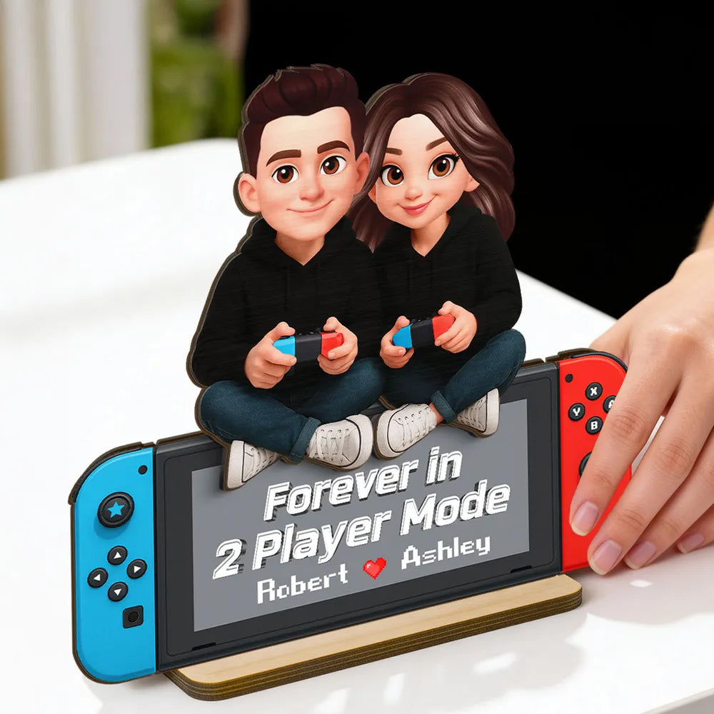 2-Layer Wooden Plaque Personalized Gaming Couple Sitting with Controllers - Forever in 2 Player Mode Romantic Gift for Gamers