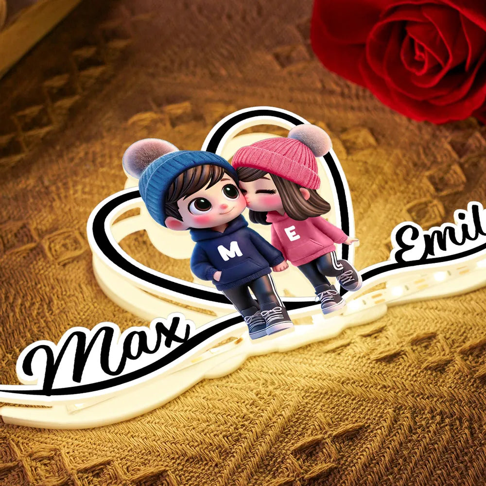 Personalized Cartoon Couple Kissing Heart Acrylic Light Box, Cozy Warm Glow Bedroom Decor, Unique Gift for Him or Her