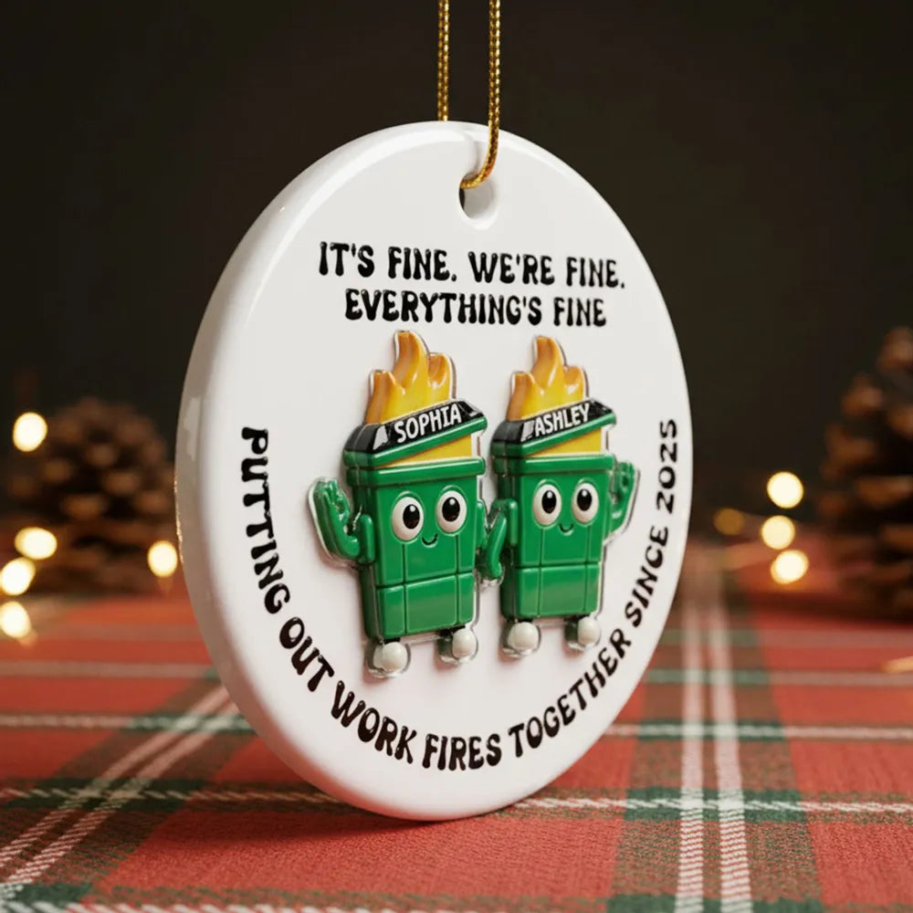 Ornament - Dumpster Fire Work Bestie, Customizable Ceramic with Acrylic Pieces, Office Decor, a unique gift for Coworkers