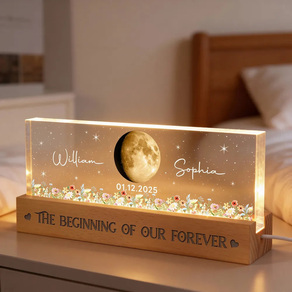 Personalized Moon Phase Block LED Light Plaque With Floral Stars, Romantic Bedside Decor, Unique Couple Gift