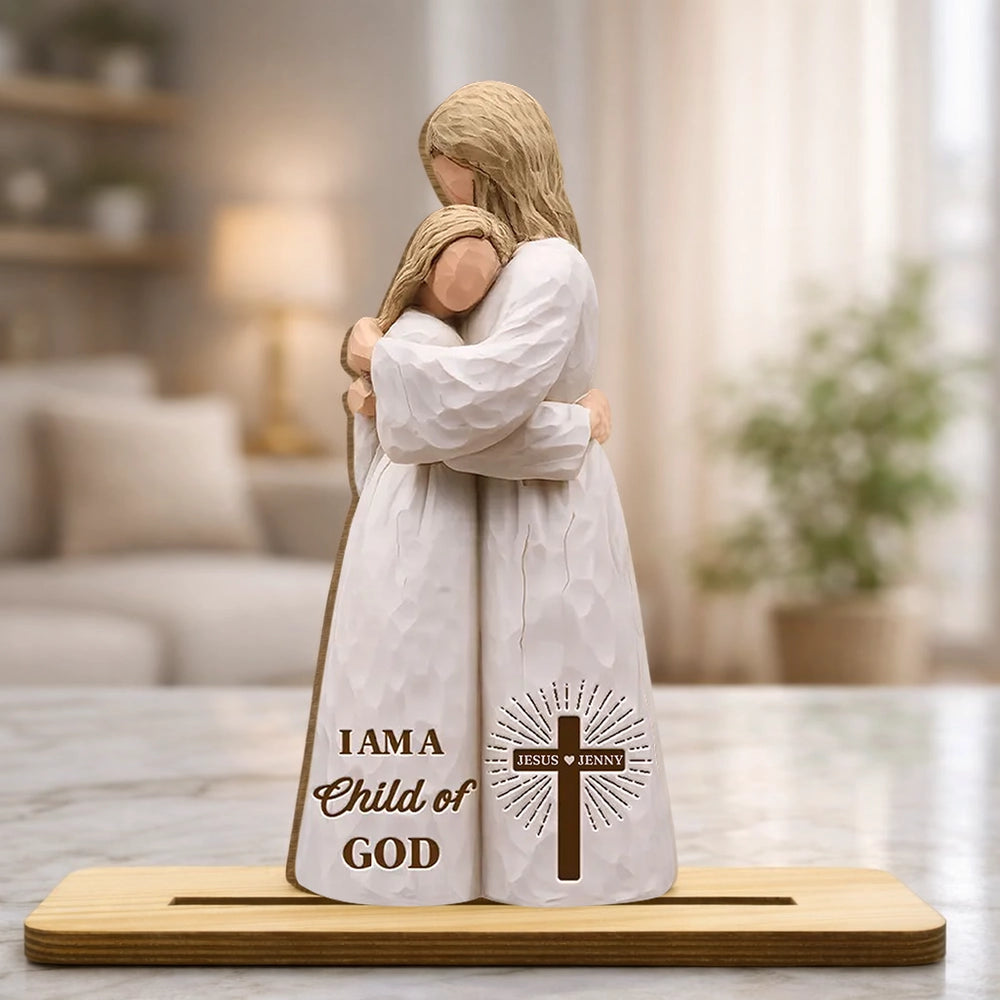 Personalized 2-Layer Wooden Plaque, I Am A Child of God Hugging Figure, Unique Christian Gift for Her, Warm Faith Decor