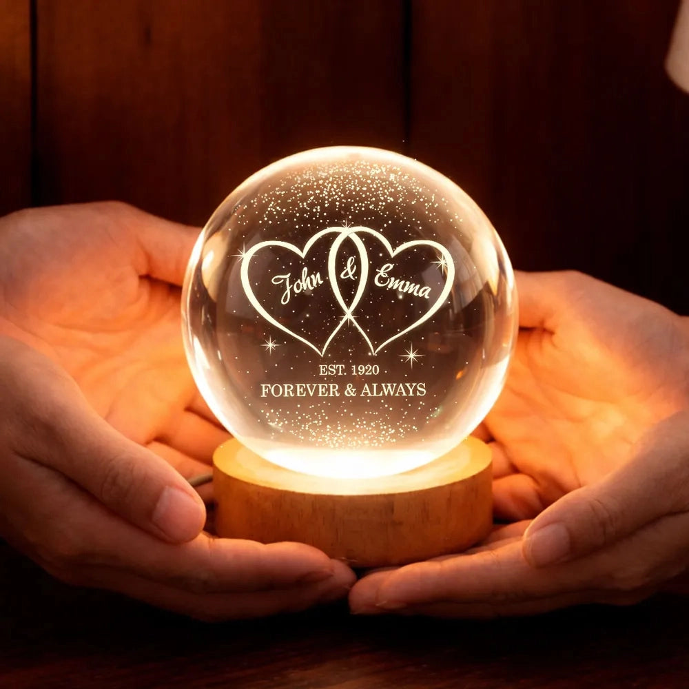 Personalized Globe Lamp with Interlocked Hearts, Romantic Bedside Glow, Unique Couple Gift for Her or Him