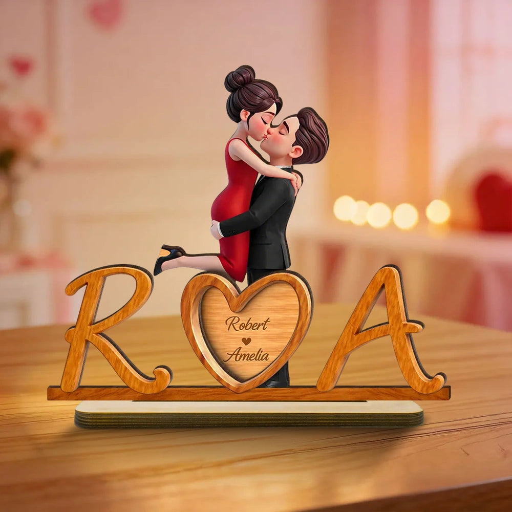 Personalized 2-Layer Wooden Plaque with Couple Kissing and Initials Heart for Desk Decor, Unique Romantic Gift for Her or Him
