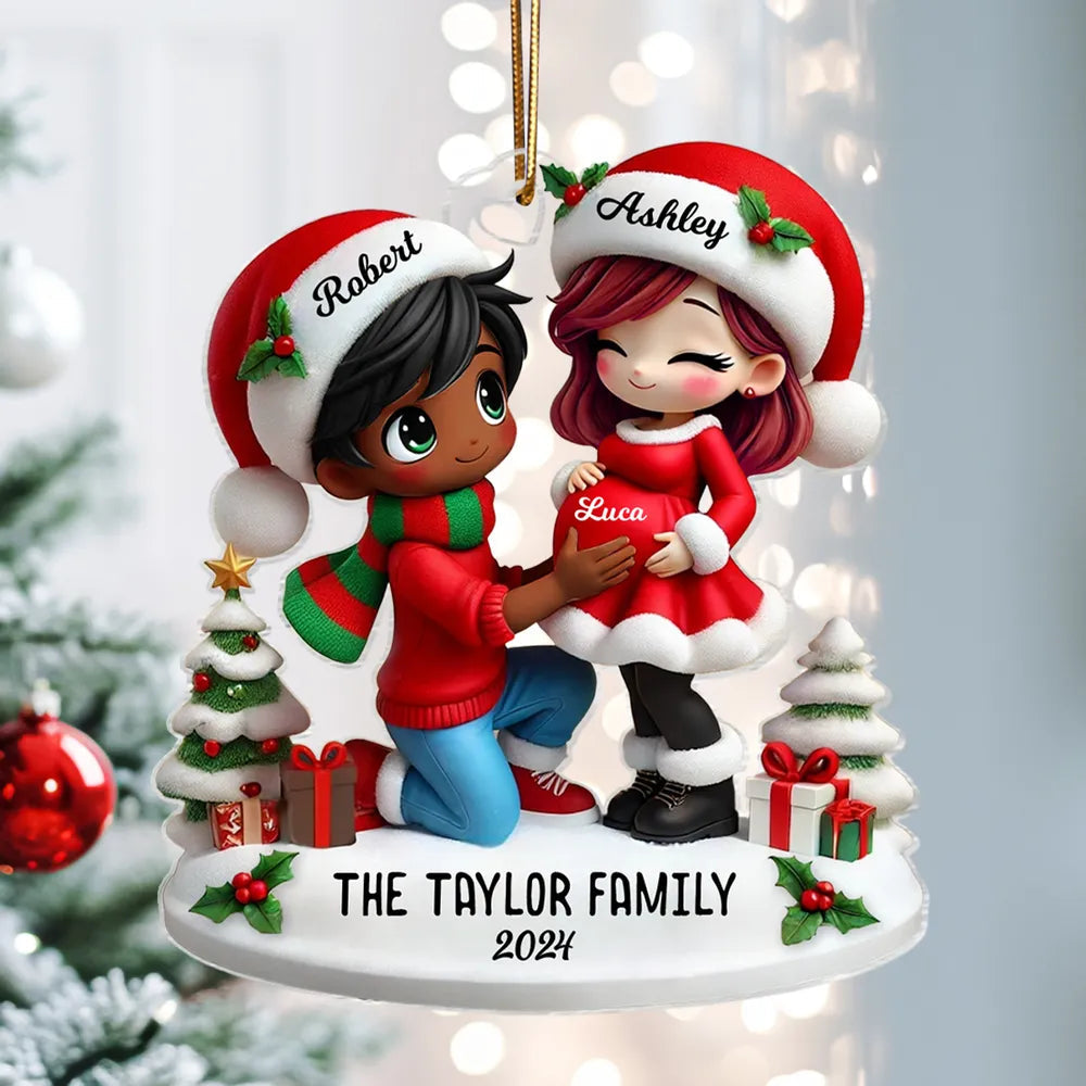 Christmas Acrylic Ornament - Expecting Couple with Santa Hats, Baby-Bump Moment, Festive Keepsake, a Unique Gift for New Mom & Dad