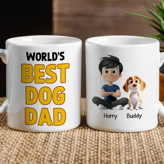 World’s Best Dog Dad Mug – Personalized Ceramic Mug with Cartoon Dog and Owner for Dog Lovers