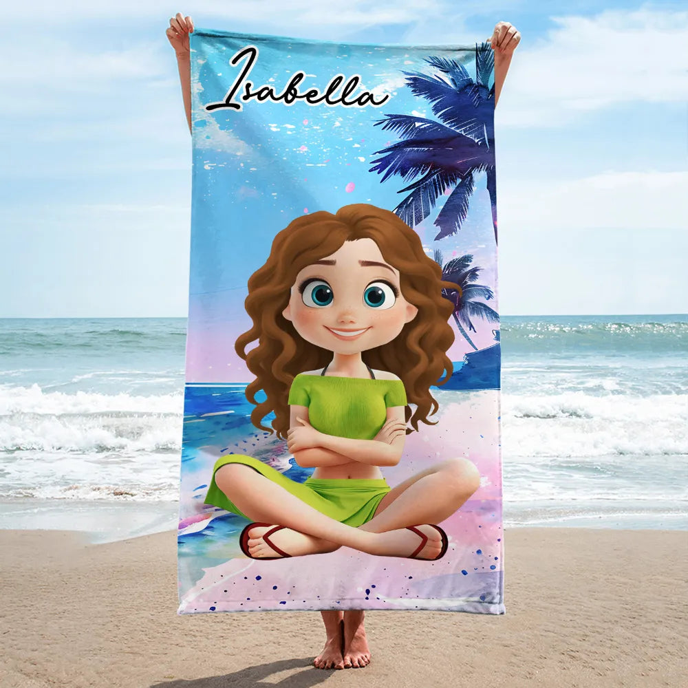 Personalized Beach Towel with Cartoon Girl – Summer Beach Gift for Her, Custom Name Towel for Vacation and Pool Days