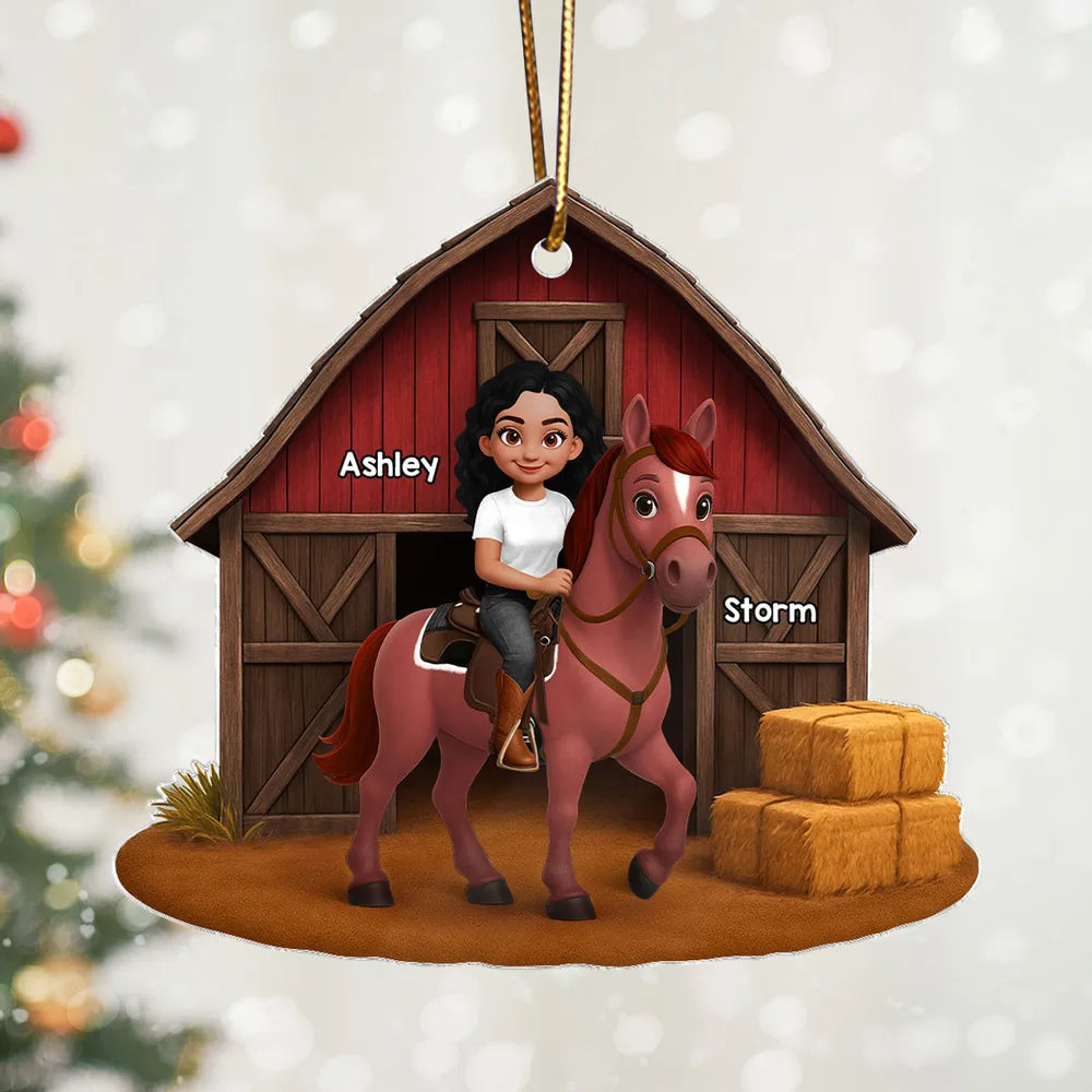Acrylic Ornament, Cowgirl Riding Horse at Red Barn, Custom Farm Scene, a unique gift for Horse Lovers & Kids