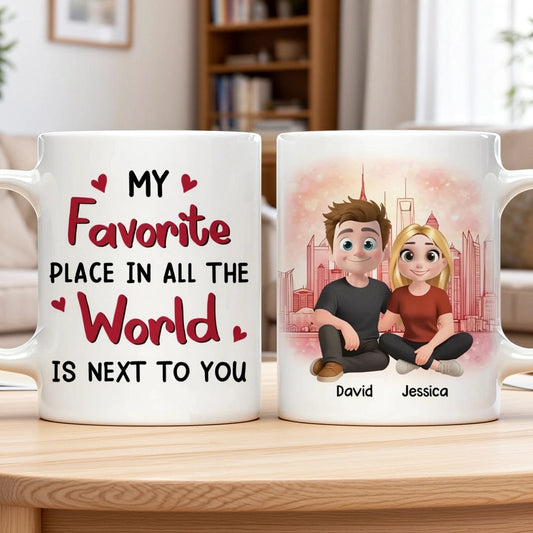 Personalized Ceramic Mug Cartoon Couple Sitting by City Skyline Unique Romantic Gift for Him or Her