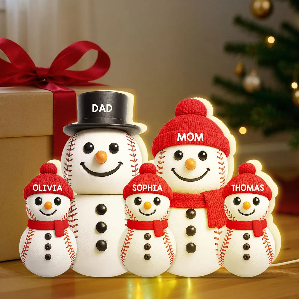 Baseball Snowman Family Acrylic Light Box, Personalized Design, Christmas Decor, Warm Glow, Unique Gift for Family