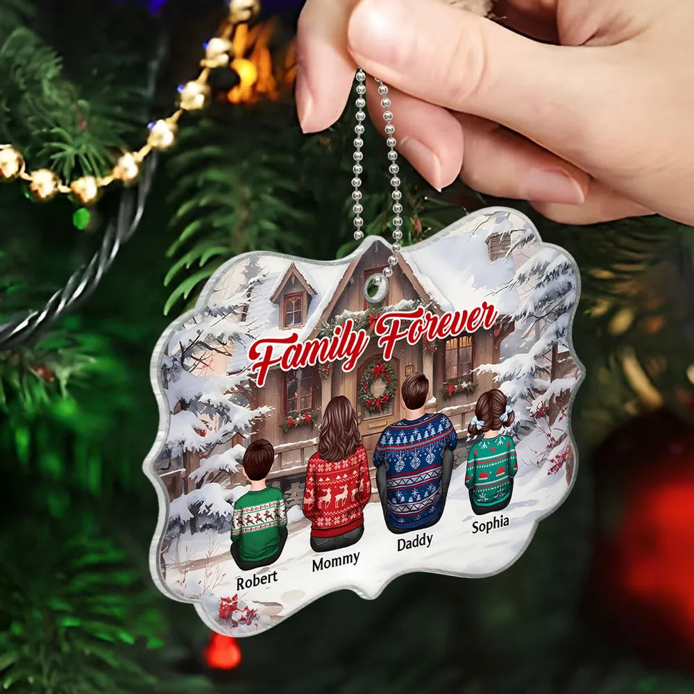 Snow House Back View Family Sitting Personalized Ornament or Poster or Plaque or Keychain