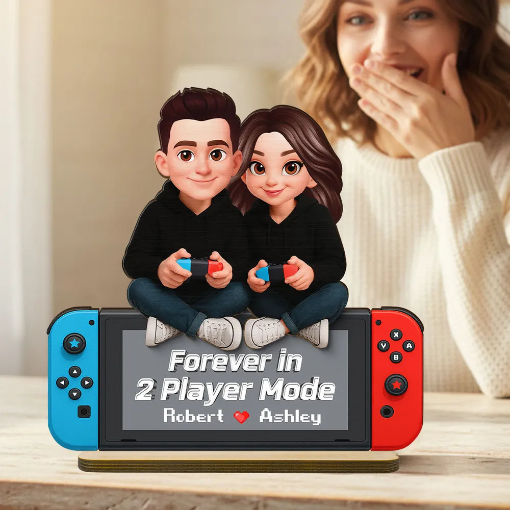2-Layer Wooden Plaque Personalized Gaming Couple Sitting with Controllers - Forever in 2 Player Mode Romantic Gift for Gamers