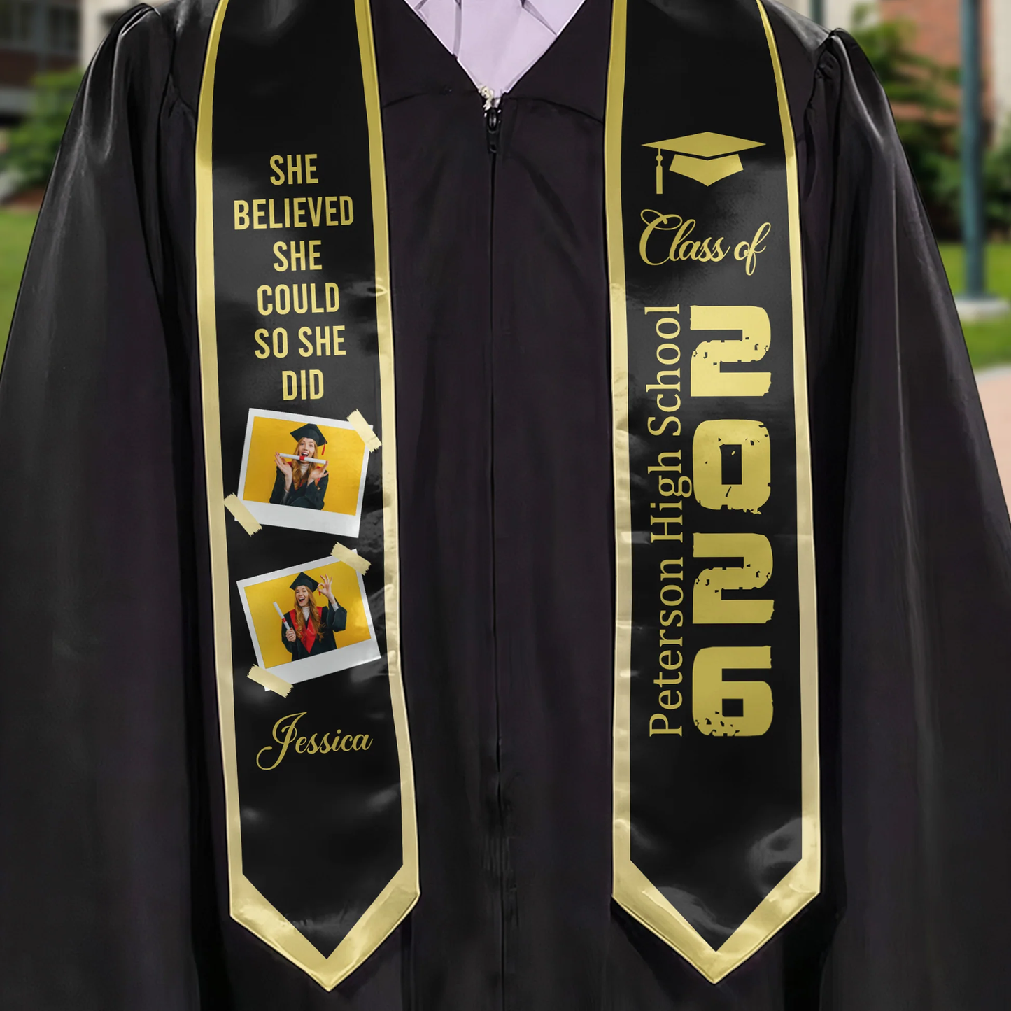 Class of Graduation Polyester Satin Stole, Personalized Photo Keepsake With Cap Icon, Meaningful Gift for Grad