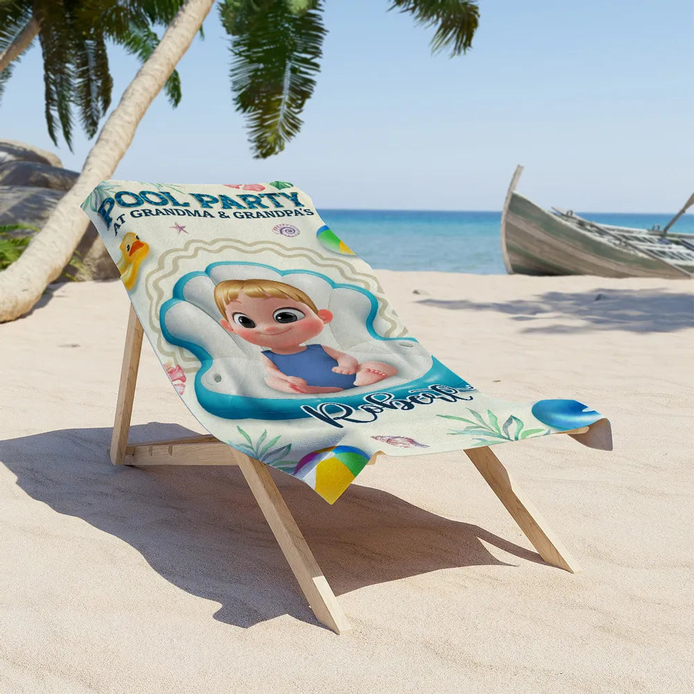 Personalized Pool Party at Grandma & Grandpa's Beach Towel, Cute Cartoon Kid Float Design, Unique Gift for Grandparents