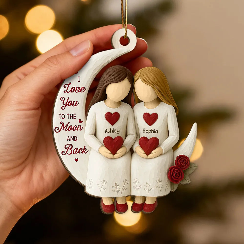 Wooden Ornament, Chosen Sister Friendship Design for Christmas Tree, crescent moon hearts, a unique gift for Best Friend