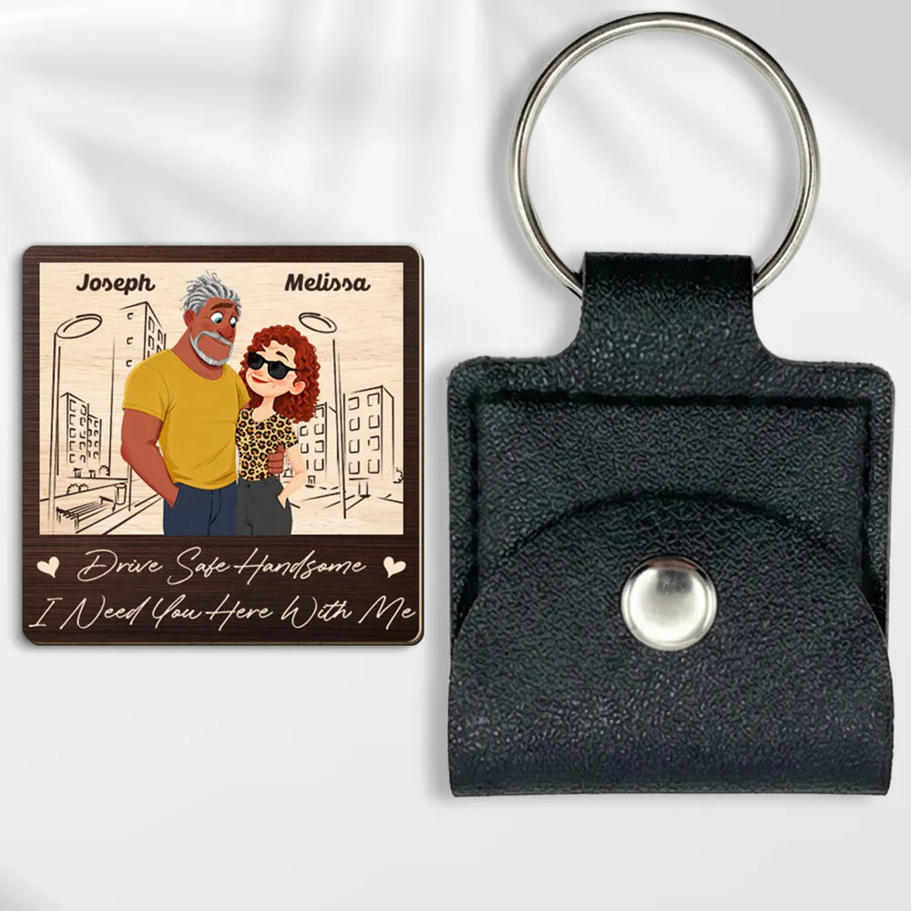 Personalized Wooden Pocket Hug Keychain Card With Couple Illustration Drive Safe I Love You Unique Gift For Boyfriend Or Husband