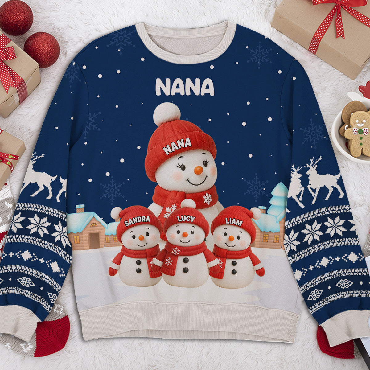 Grandma Snowman Family Sweatshirt, Personalized All-Over Print, Snowy Village Scene, a Unique Christmas Gift for Grandma