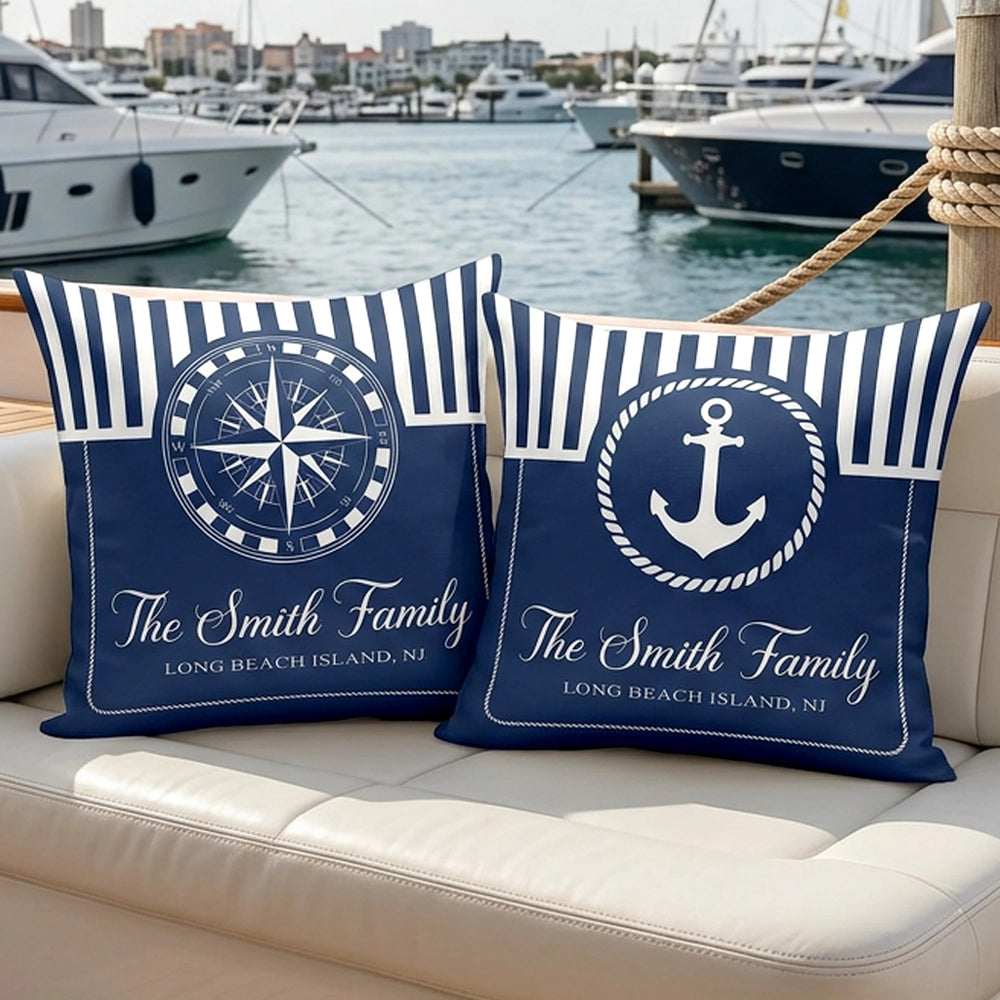 Navy Coastal Square Pillow, Personalized Family Name Boat Style Accent, Crisp Nautical Look, Unique Gift for Beach House