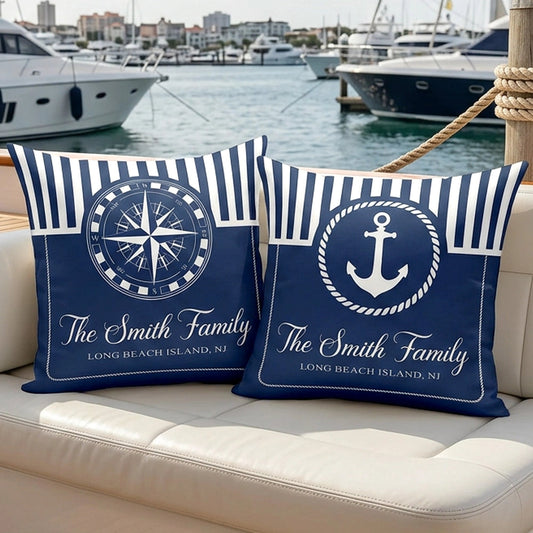 Navy Coastal Square Pillow, Personalized Family Name Boat Style Accent, Crisp Nautical Look, Unique Gift for Beach House
