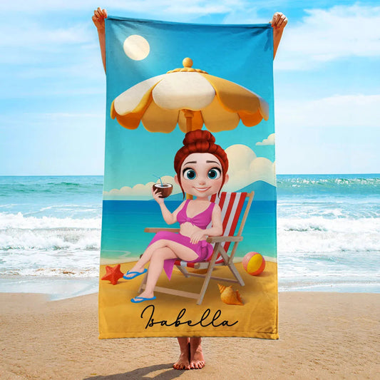Custom Cartoon Beach Towel – Relax & Sip Under the Sun, Perfect Gift for Wife