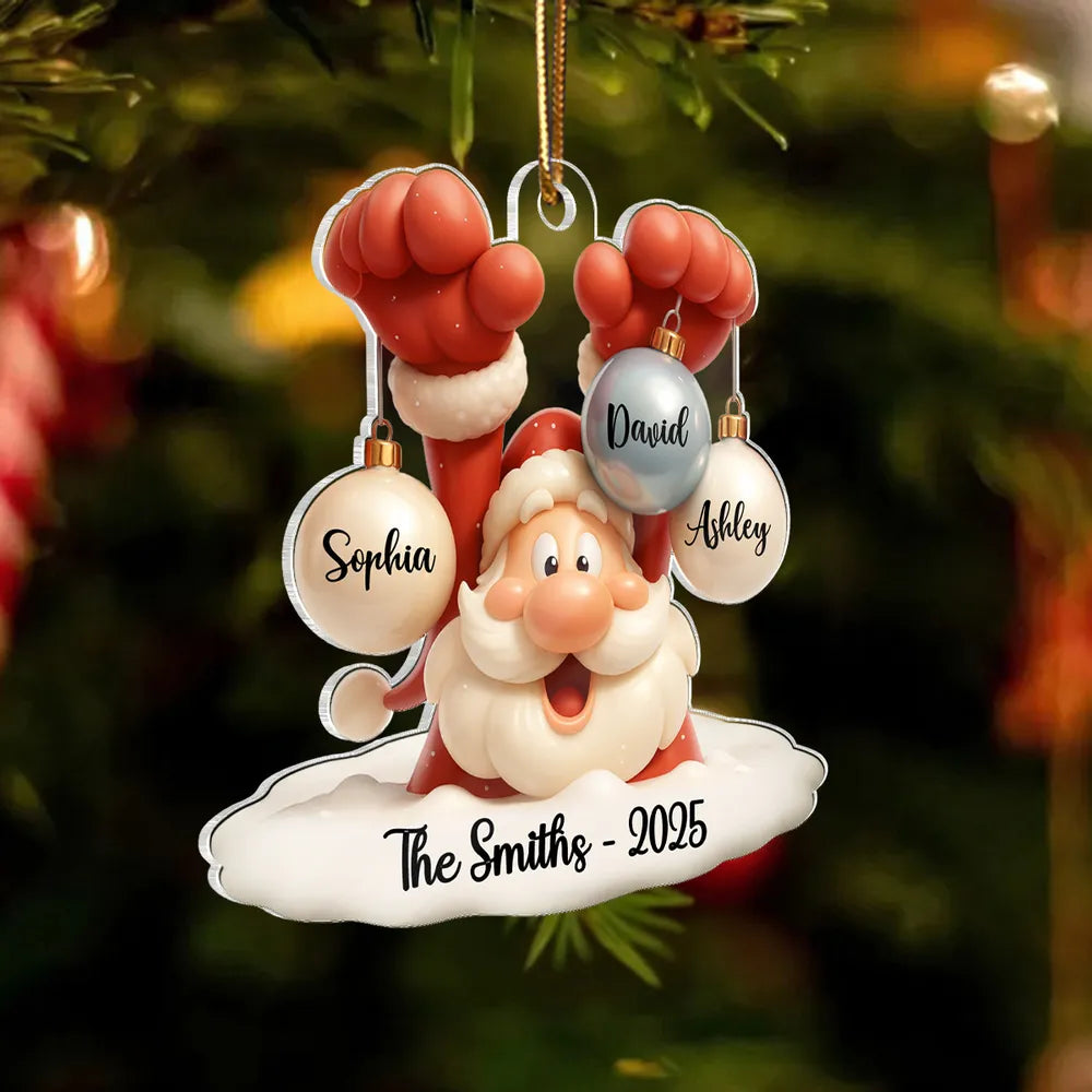 Santa Family Acrylic Ornament, festive bauble design with Santa holding ornaments, perfect gift for families, cozy tree decoration