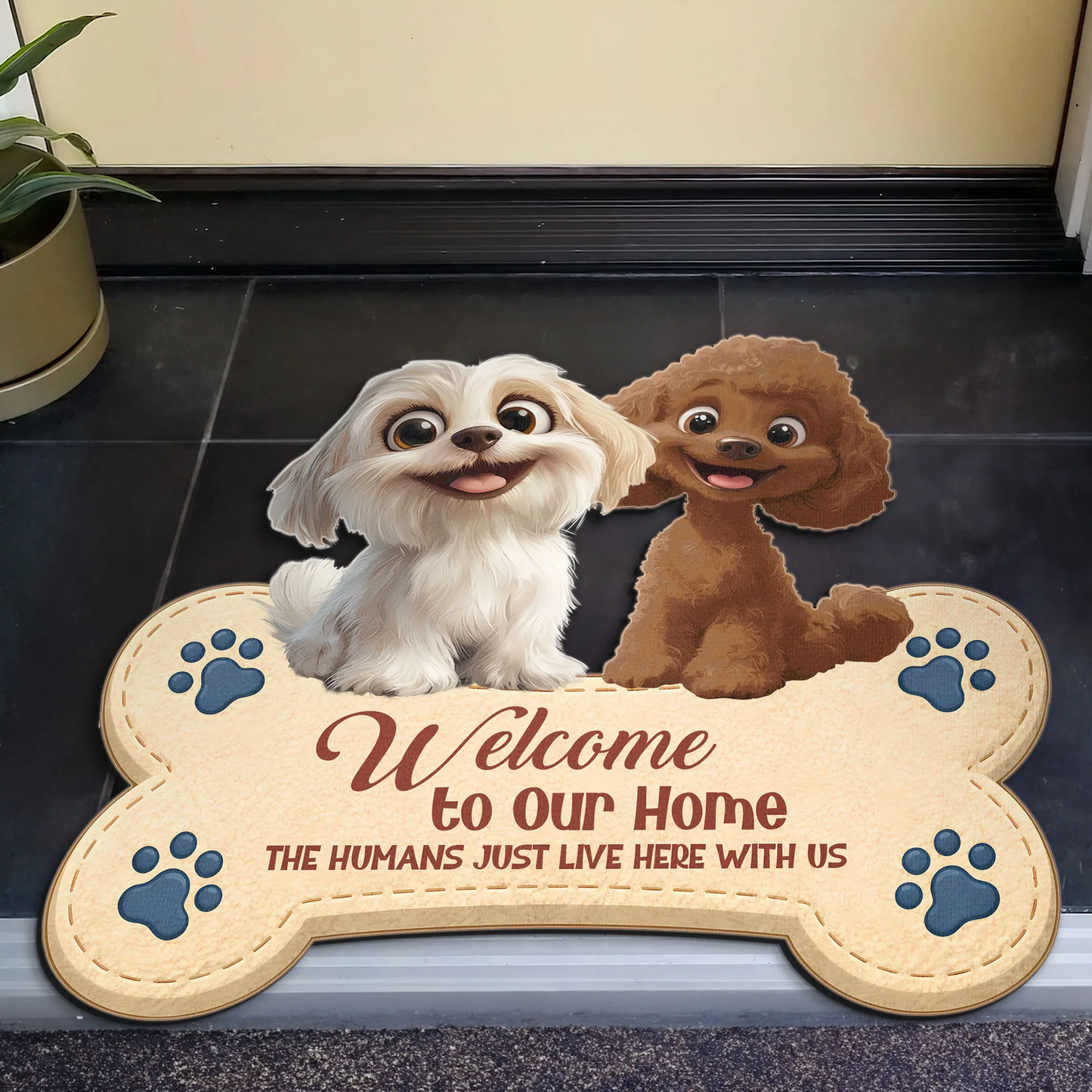 Personalized Shaped Doormat with Cute Dogs and Paw Prints, Welcome to Our Home, Unique Gift for Dog Lovers