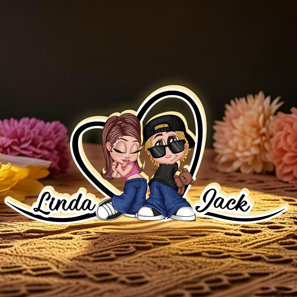 Custom LED Plaque - Adorable Couple with Romantic Heart Scene - Unique Gift for Boyfriend & Girlfriend