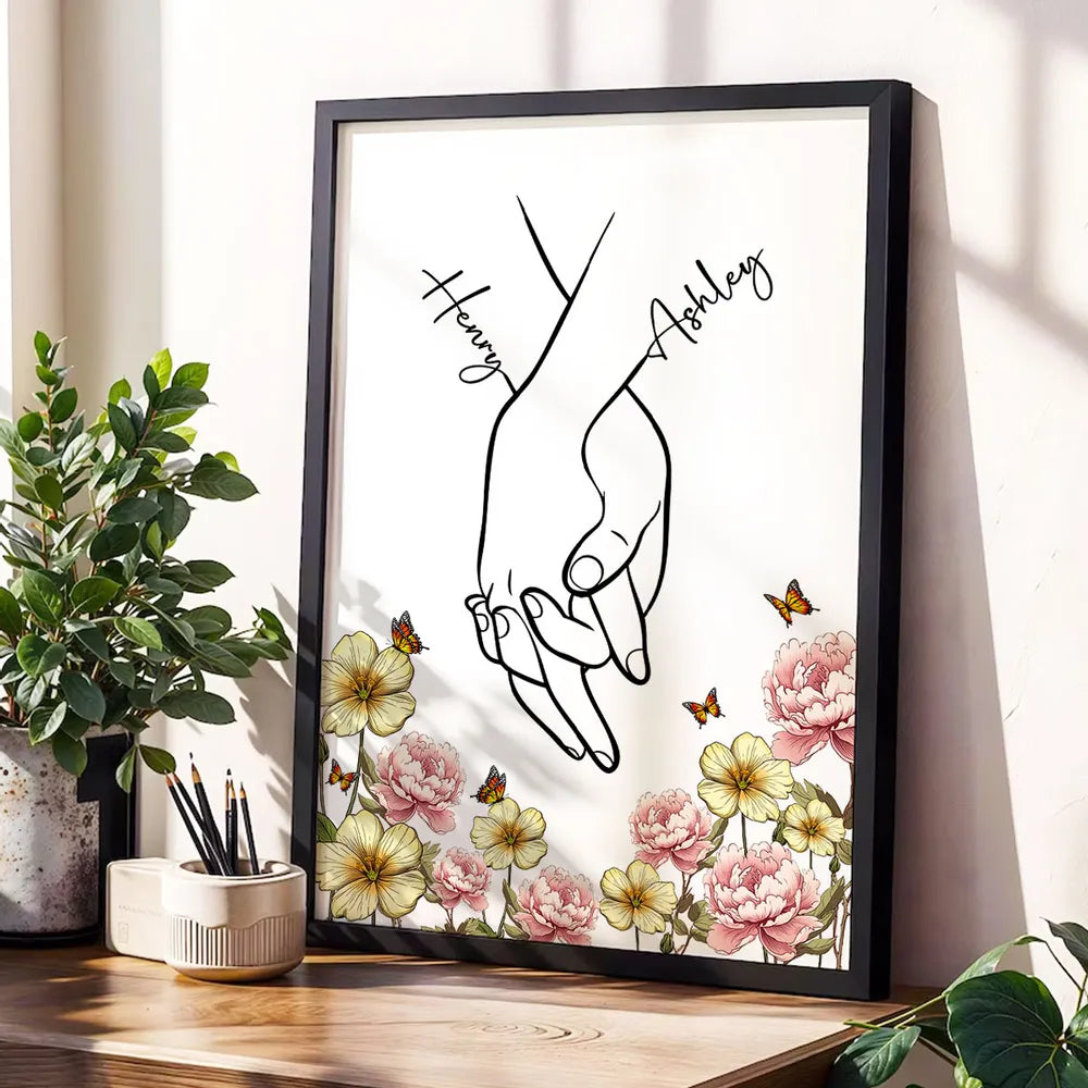 Personalized Couple Hand-Holding Line Art Poster with Floral Butterflies, Modern Minimal Wall Decor, Unique Gift for Him or Her