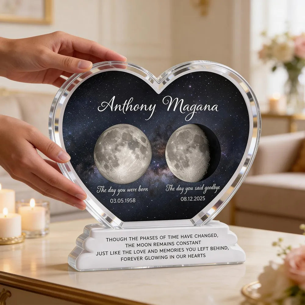 Personalized Heart Shaped Acrylic Block Plaque Moon Phase Memorial Keepsake for Loved One Remembrance - Unique Sympathy Gift