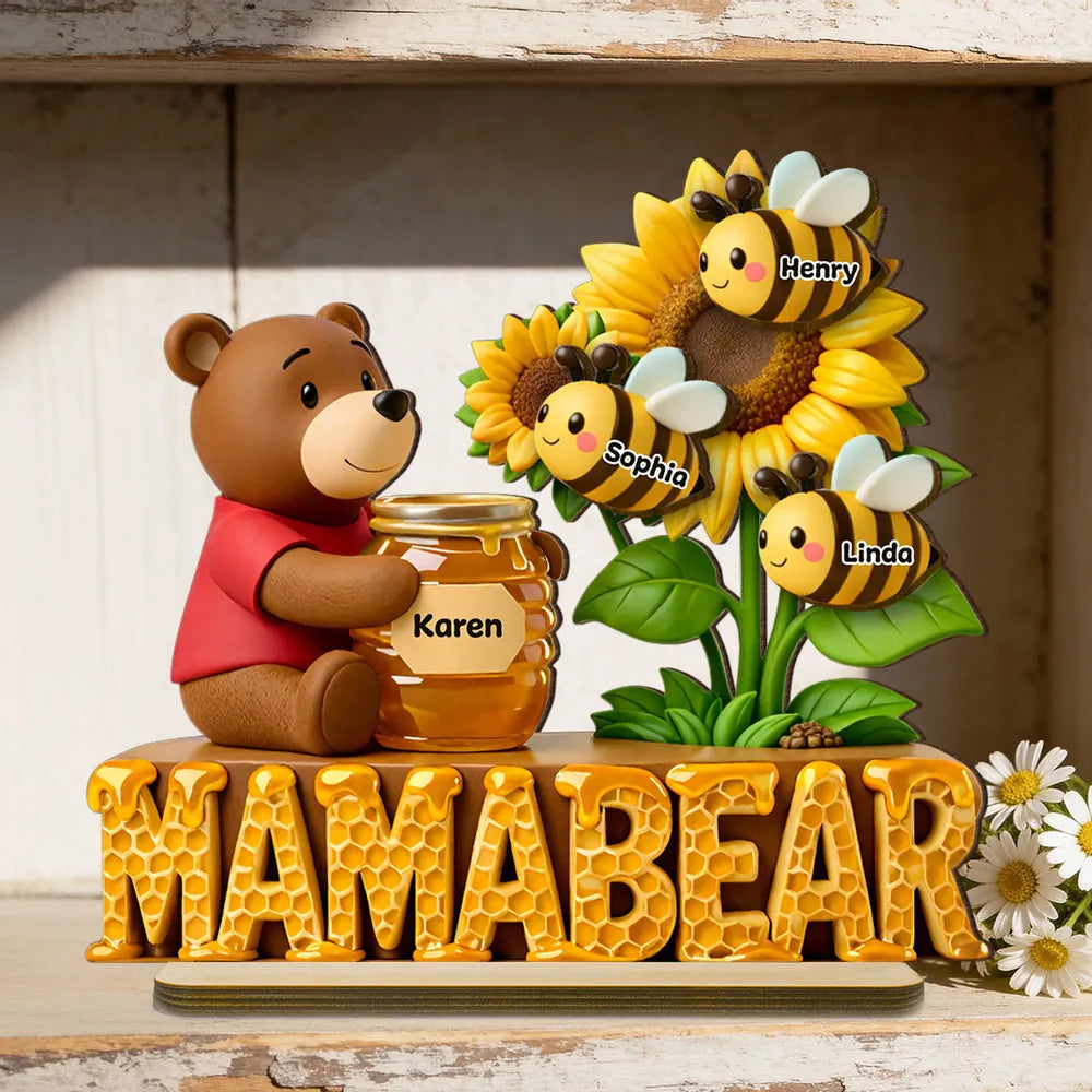Mama Bear with Honey Jar & Sunflower Bees 2-Layer Wooden Plaque, Personalized Family Keepsake for Mom, Warm Living Room Gift