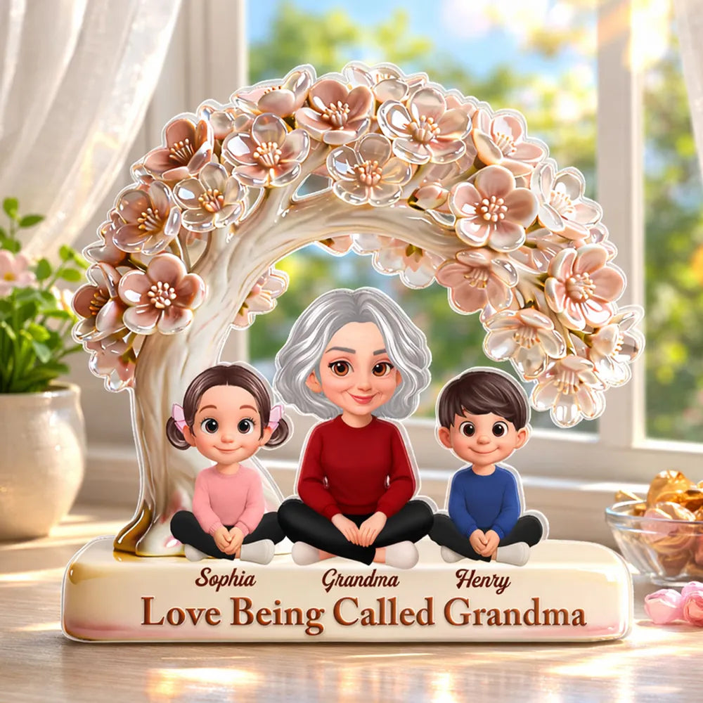 Shaped Acrylic Block Plaque with Grandma and Grandkids Under Blossom Tree, Personalized Home Accent, Thoughtful Gift for Grandma