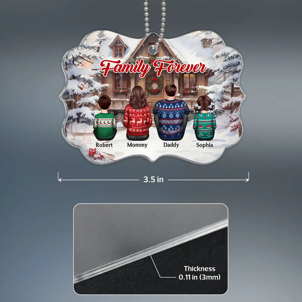 Snow House Back View Family Sitting Personalized Ornament or Poster or Plaque or Keychain
