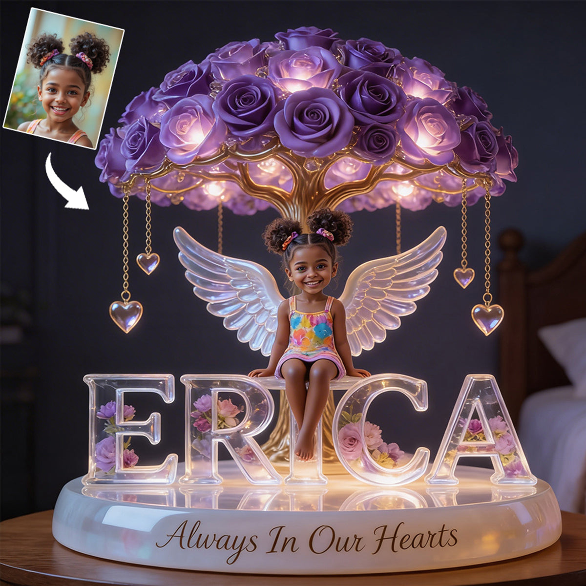Custom Latin Grandpa Always In Our Hearts Angel Wings Figurine, Personalized Memorial Tree Lamp Statue, Sympathy Remembrance Night Light Table Decor