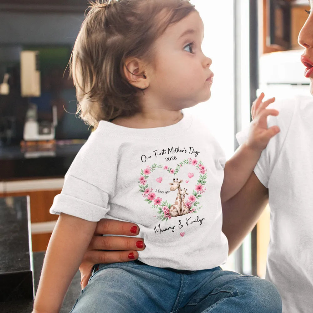 Short Sleeve Baby Onesie Personalized for First Mother's Day, Blue Floral Giraffe Mom and Baby, Sweet Photo-Ready Gift