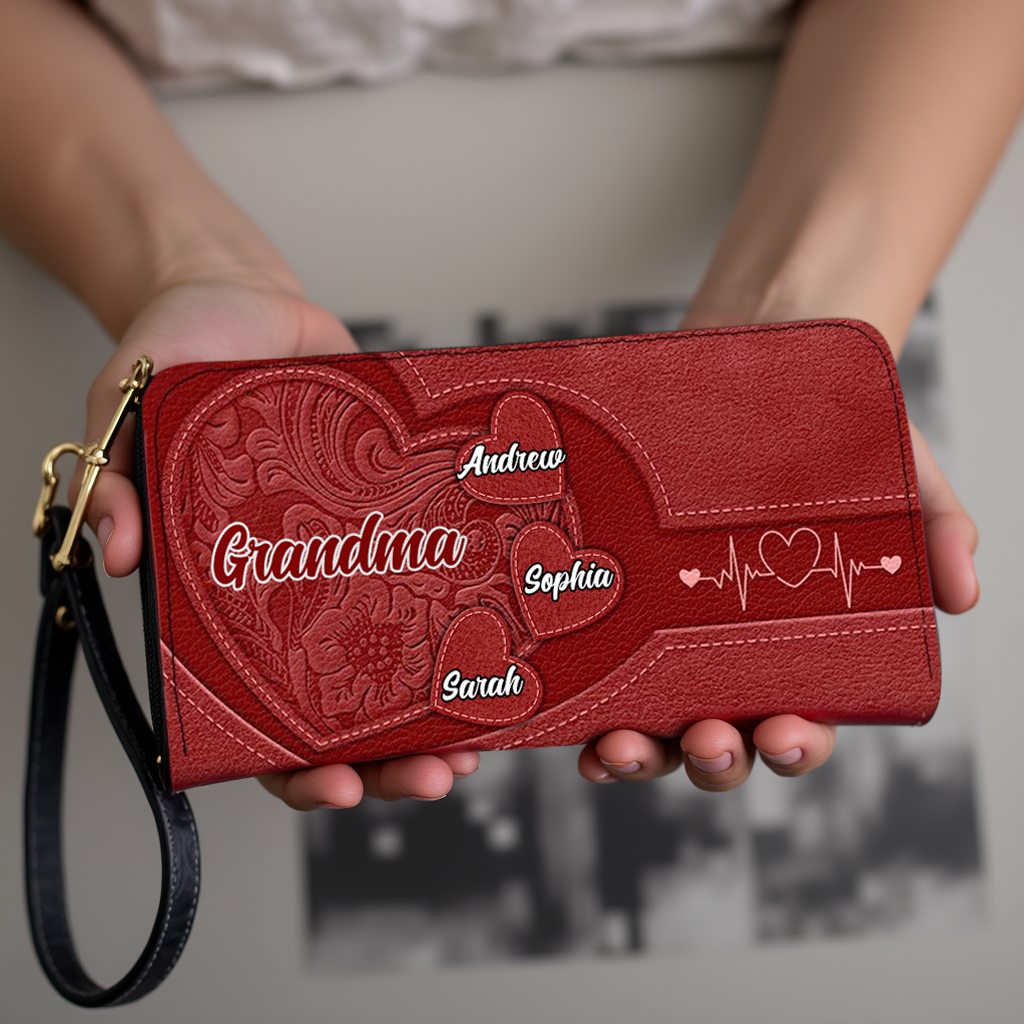 Custom Leather Wallet – Beautiful Leather Long Wallet with Heartfelt Grandkids' Names – The Perfect Gift for Grandma
