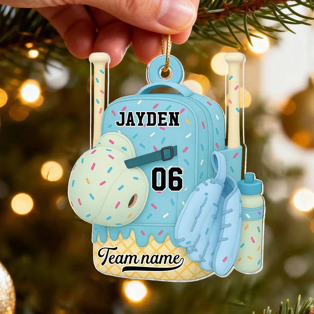 Acrylic Ornament Baseball Softball Backpack, customizable candy-sprinkle design for holiday tree, cute unique gift for kids