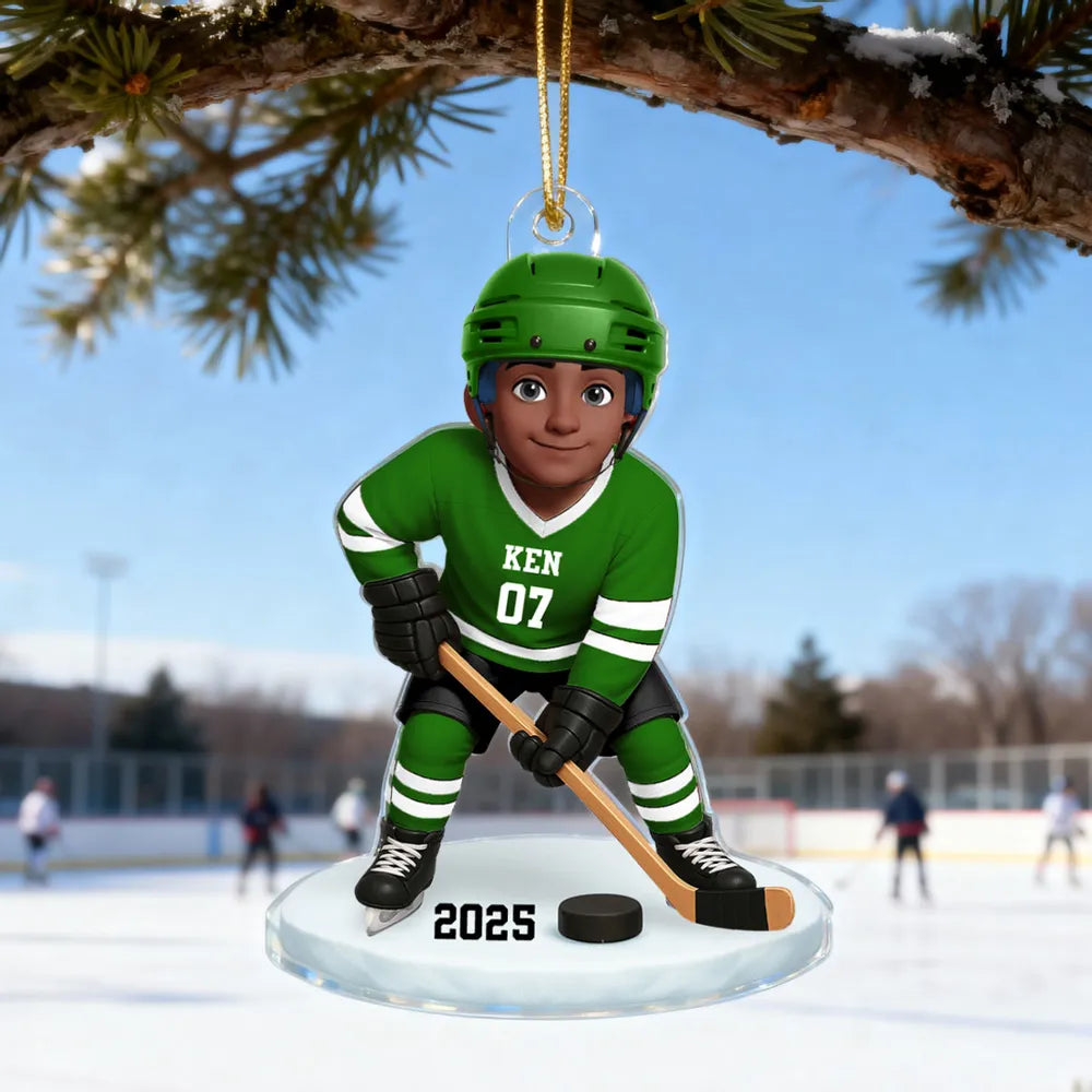 Personalized Hockey Acrylic Ornament for Kids – Custom Player Design Christmas Gift & Festive Decor