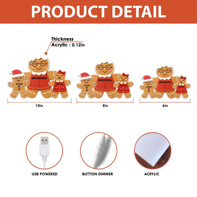 Acrylic Light Box - Gingerbread Grandma & Grandkids, Custom, Christmas Decor, Warm Glow Keepsake, Unique Gift for Grandma