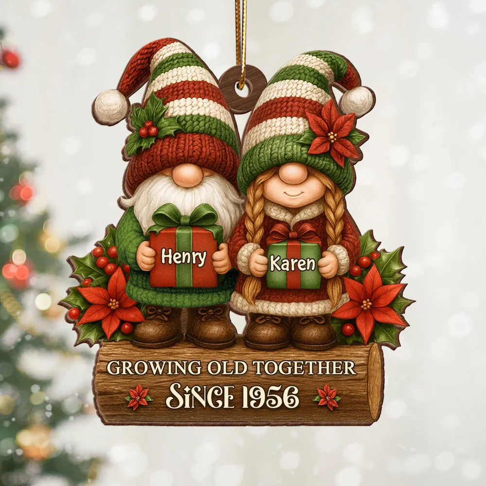 Wooden Ornament with Christmas Gnome Couple Holding Gifts, Clear Print, Perfect Holiday Gift for Couples