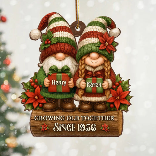 Wooden Ornament with Christmas Gnome Couple Holding Gifts, Clear Print, Perfect Holiday Gift for Couples
