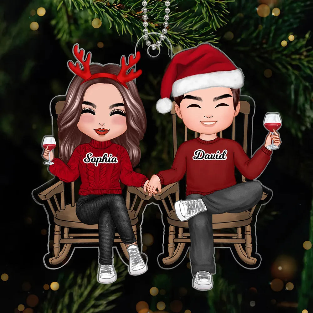 Personalized Couple Acrylic Car Hanger, Cute Sitting Together Christmas Mirror Decor, Unique Gift for Him or Her