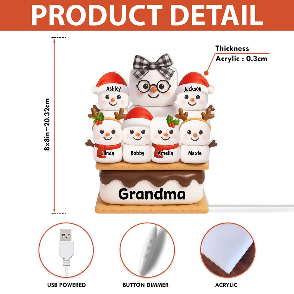 Personalized Acrylic Light Box - Cute S'mores Marshmallow Stack with Santa Hats & Warm Glow - Unique Gift for Grandma
