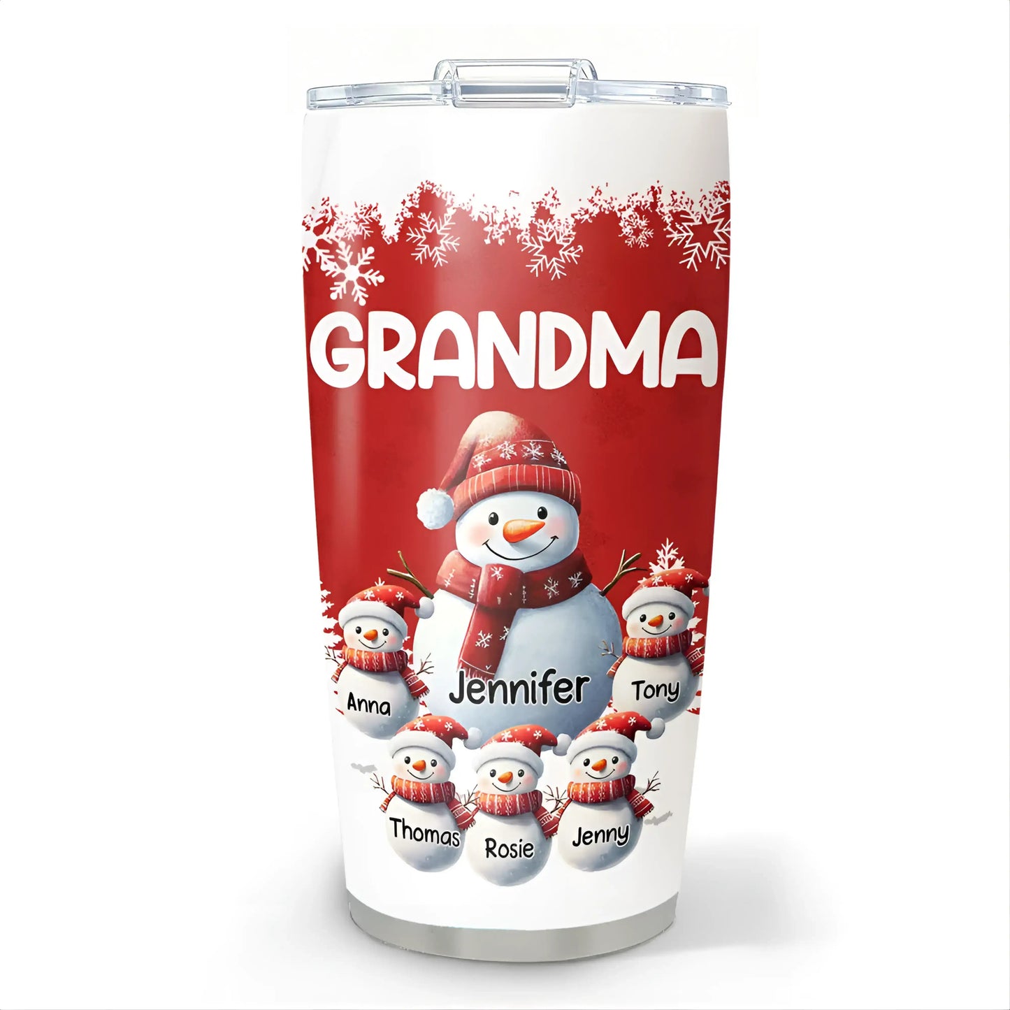Snowman Grandma Insulated Travel Tumbler with personalized family names, cozy Christmas and winter gift