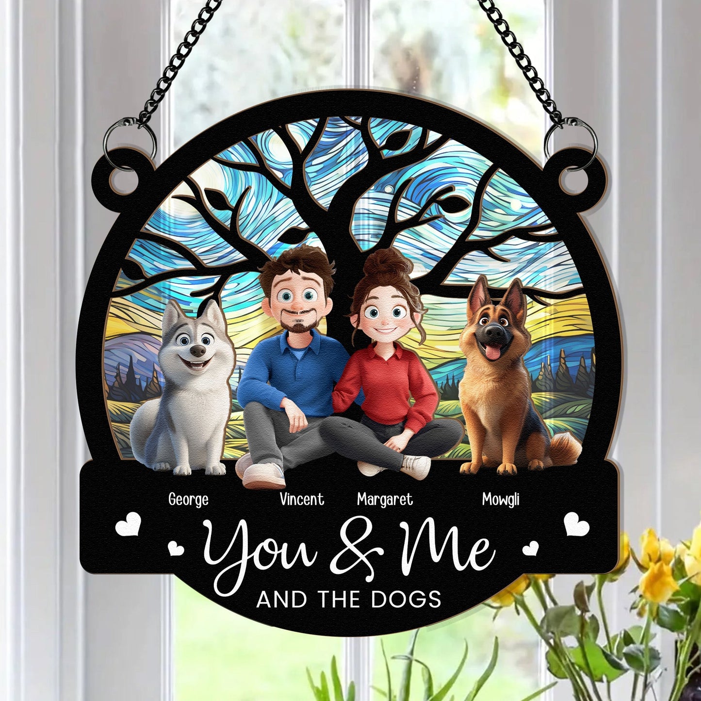 You & Me and the Dogs - Customizable Wood and Acrylic Layered Ornament, Ideal Gift for Couples and Pet Lovers