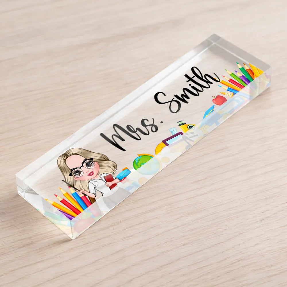Rectangle Acrylic Block Plaque Personalized for a Teacher, Cute Classroom Desk Decor with Pencils and Books, Thoughtful Gift