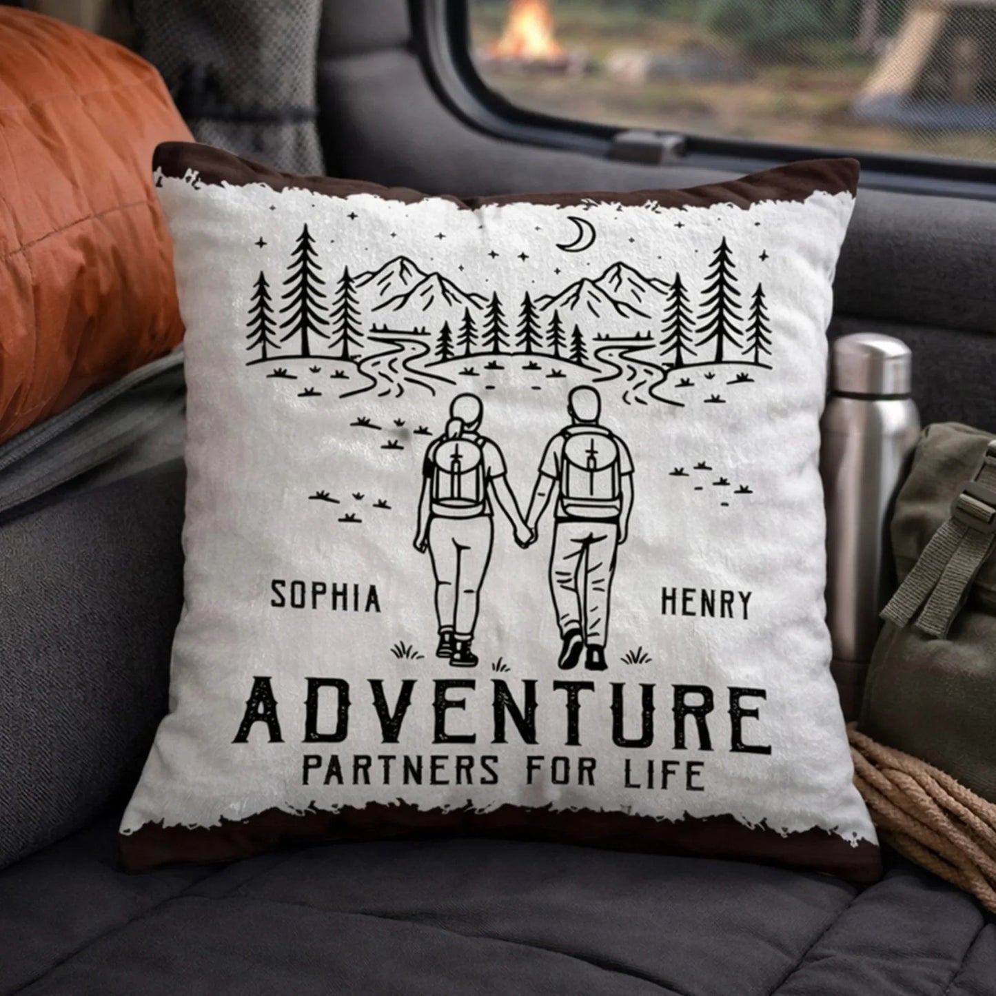 Square Pillow Personalized for Your Adventure Partners for Life, Hand in Hand Camping Scene, Sweet Gift for Couples
