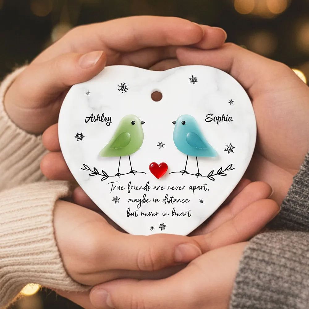 Ceramic Heart Ornament - Colorful Birds, Red Heart & Snowflakes - Unique Gift for Friends, Besties, Long-Distance Bond