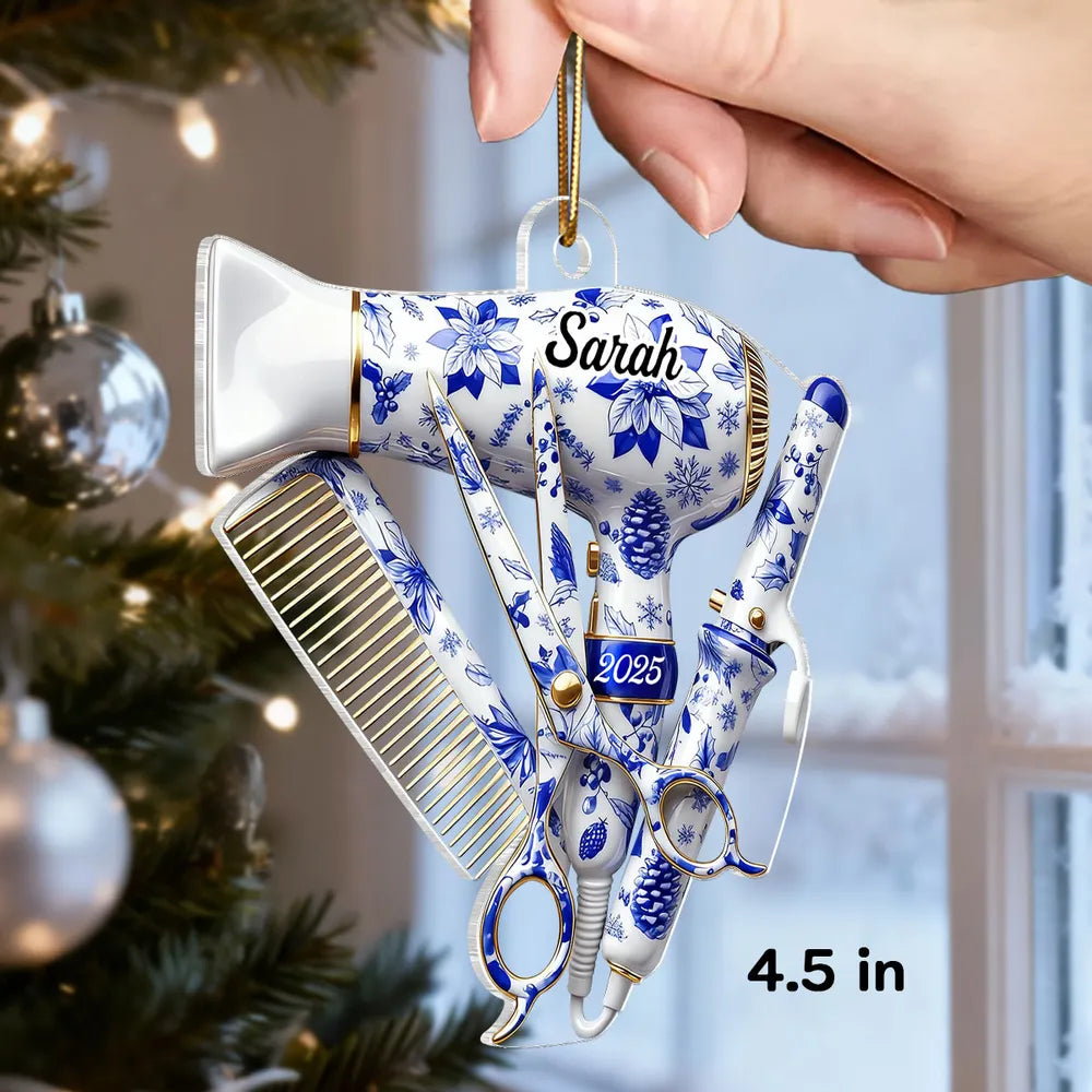 Hairdresser Things Acrylic Ornament with Custom Name – Elegant Blue Floral Salon Tool Design, Festive Tree Decor and Creative Gift for Your Favorite Stylist