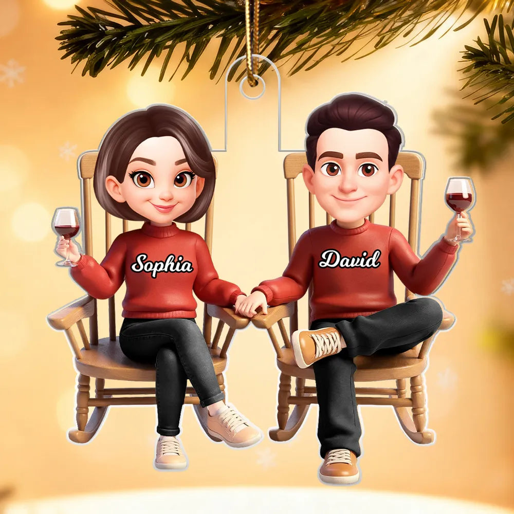 Personalized Acrylic Ornament Cartoon Couple Holding Hands in Rocking Chairs Unique Gift for Him & Her