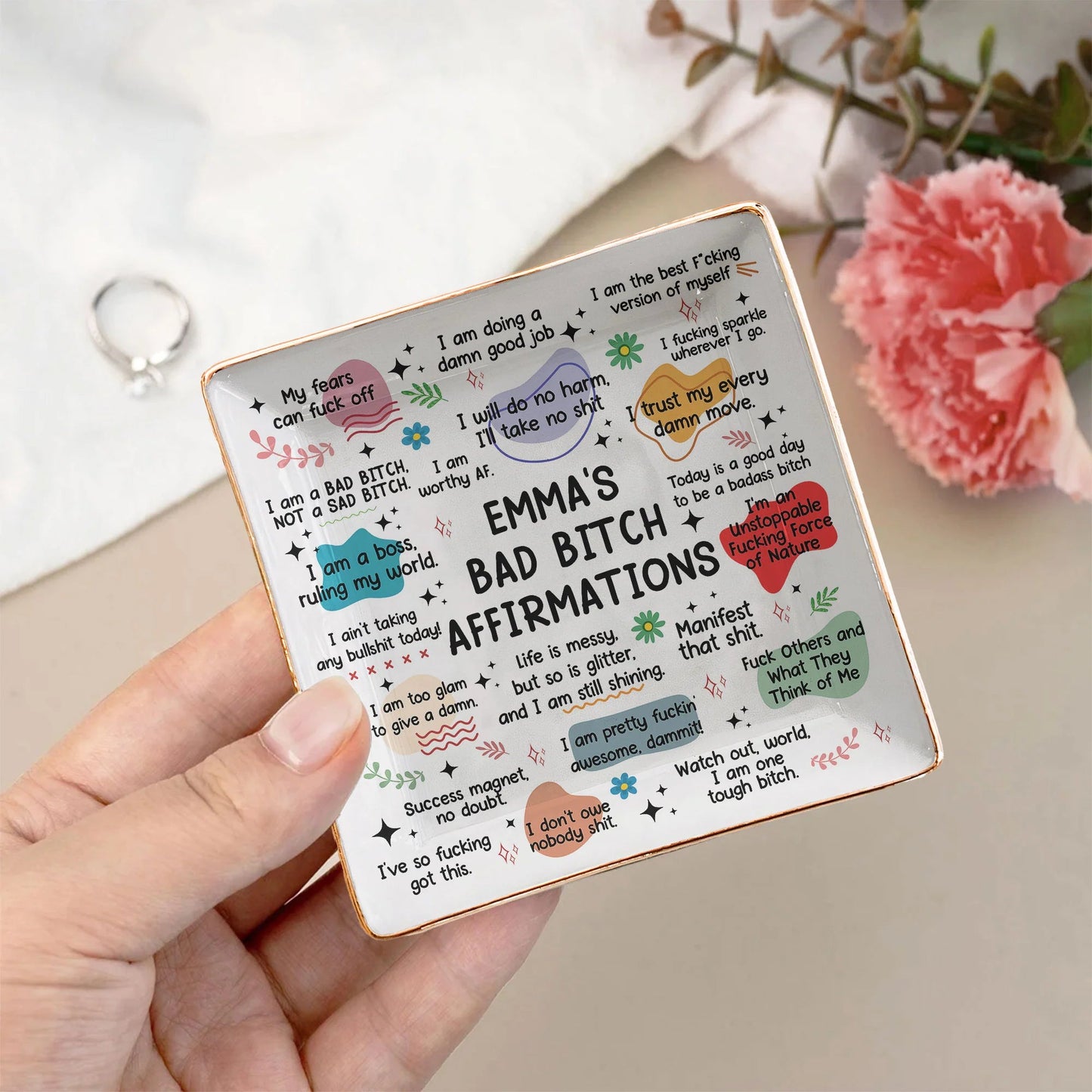 Jewelry Dish Featuring Bold Swear Affirmations Design, Refined Texture, Unique Keepsake Gift