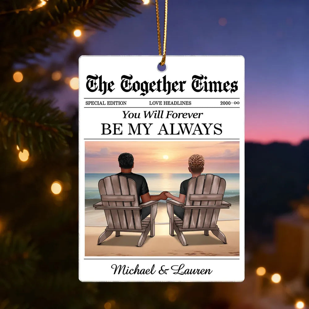 Couples Beach Newspaper-Style Acrylic Ornament – Romantic Custom Keepsake, Perfect Gift for Christmas or Anniversary